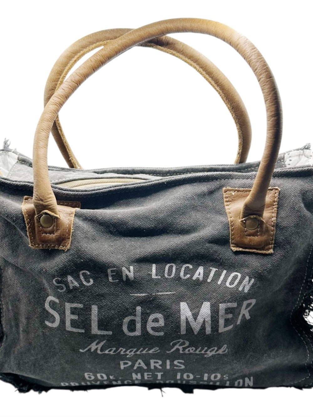 Mya Sel de Mer Charcoal Cotton Canvas Tote Bag Fringe Leather Handles Zip Top - Picture 2 of 7